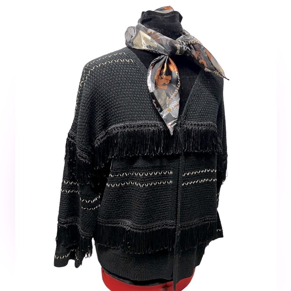 Vintage Sioni black & gold cardigan knit open front sweater with fringe detail L